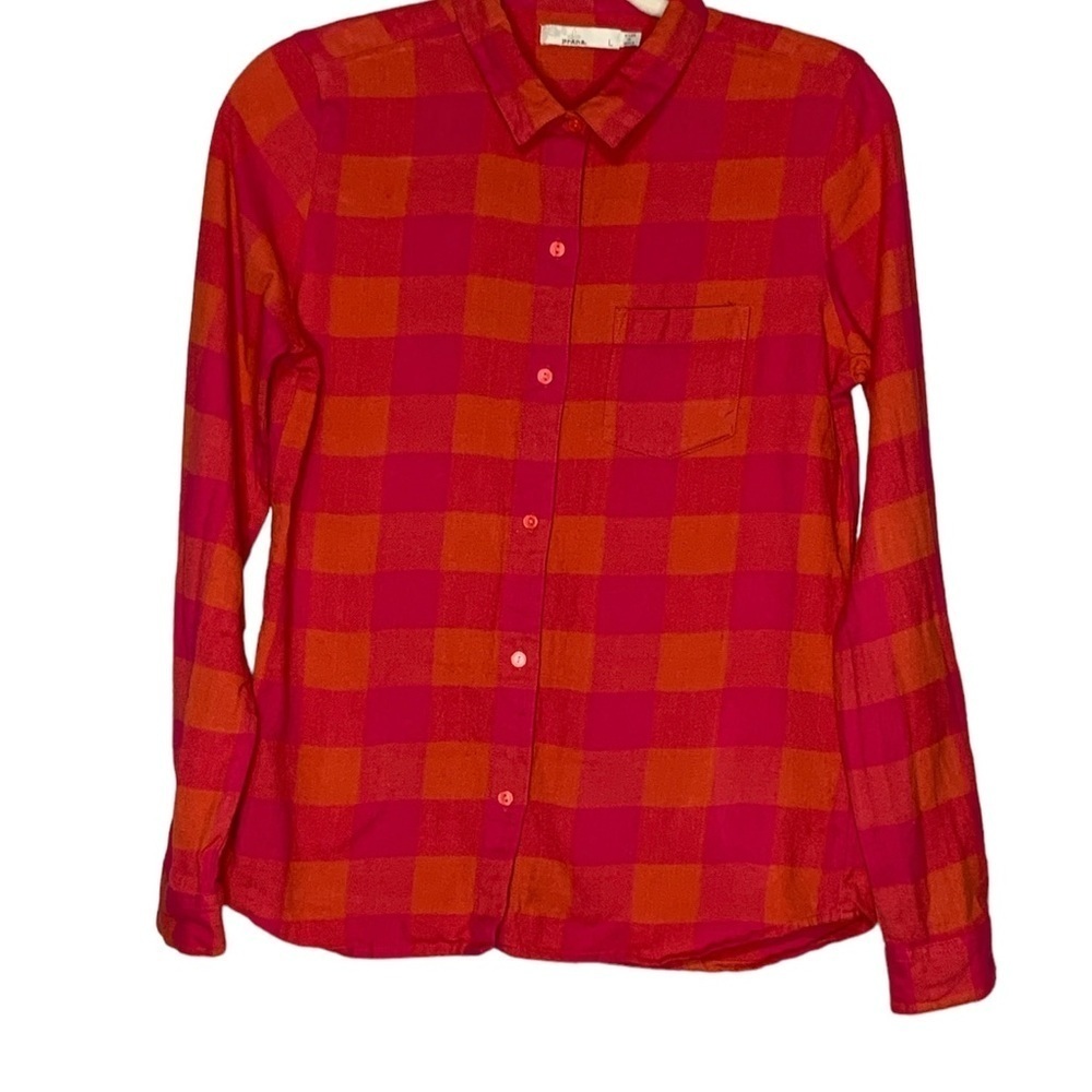 prAna orange and hot pink plaid flannel button down shirt. Size L